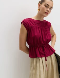 Ruched Scoop Neck Regular Fit Top with Linen