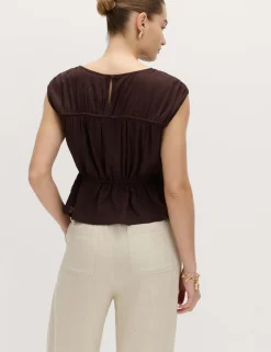 Ruched Scoop Neck Regular Fit Top with Linen