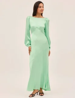 Satin Blouson Sleeve Maxi Waisted Dress