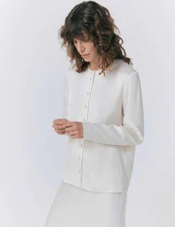Satin Collarless Button Through Blouse