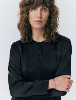 Satin Collarless Button Through Blouse