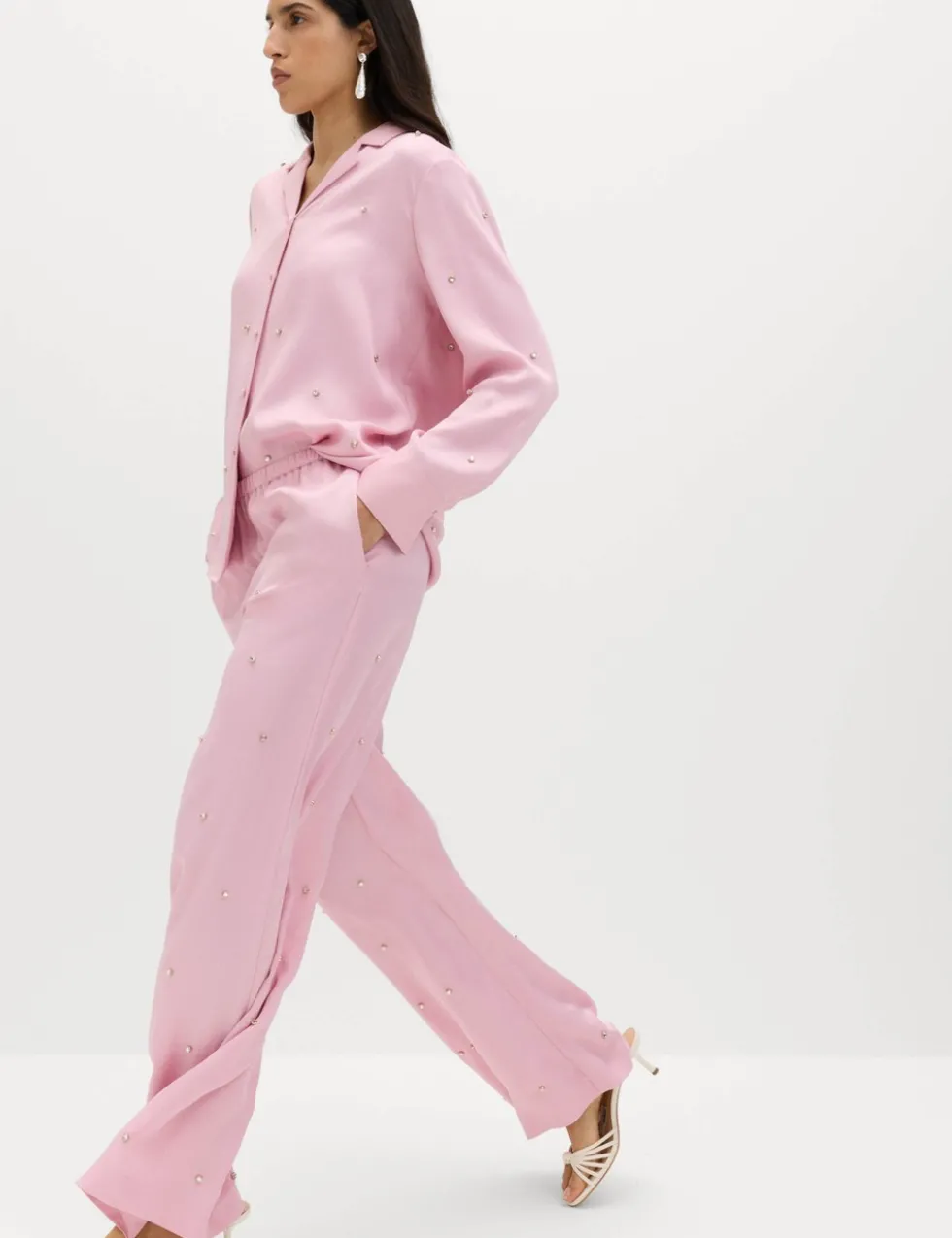 Satin Embellished Relaxed Straight Trousers