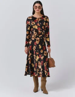 Satin Floral Belted Midi Dress