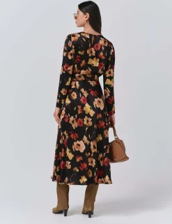 Satin Floral Belted Midi Dress