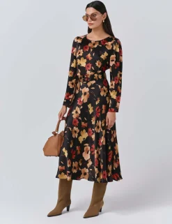 Satin Floral Belted Midi Dress