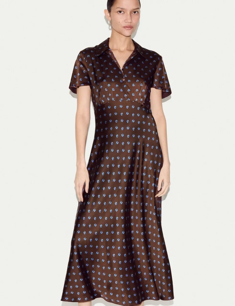 Satin Floral Collared Midi Shirt Dress