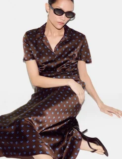 Satin Floral Collared Midi Shirt Dress