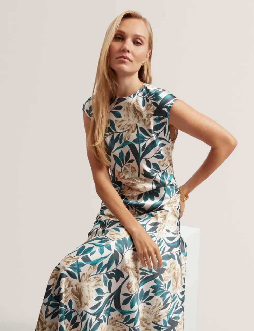 Satin Floral Midi Tea Dress