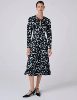 Satin Floral Midi Waisted Dress