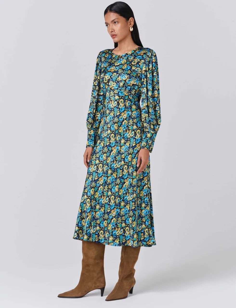 Satin Floral Round Neck Midi Tea Dress