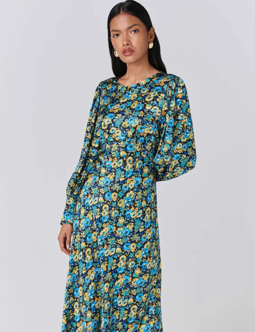 Satin Floral Round Neck Midi Tea Dress