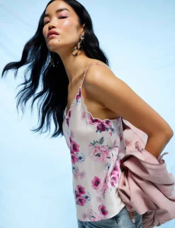 Satin Floral V-Neck Scallop Edge Cami Top