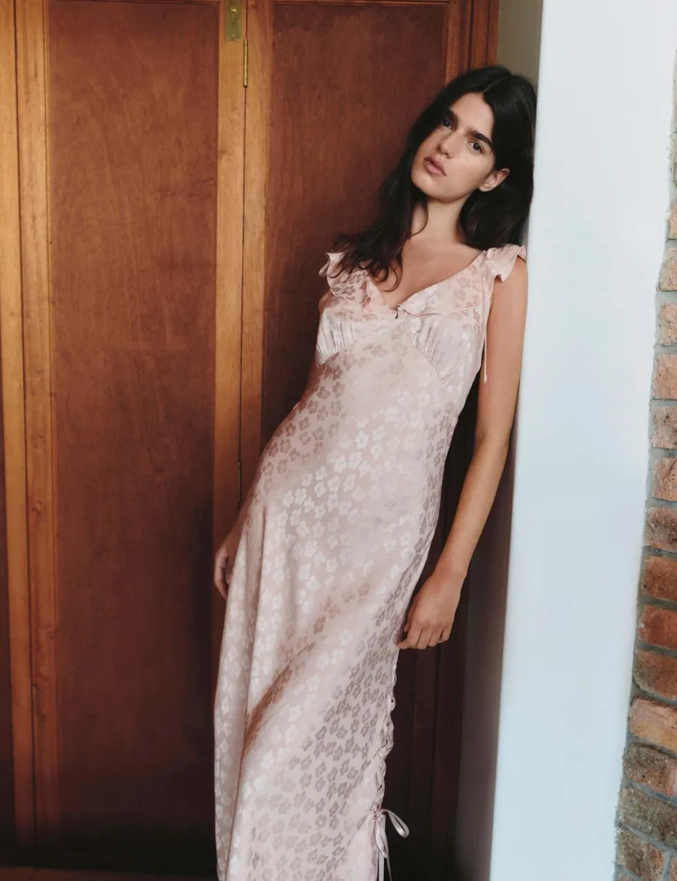 Satin Jacquard Ruffle Detail Dress