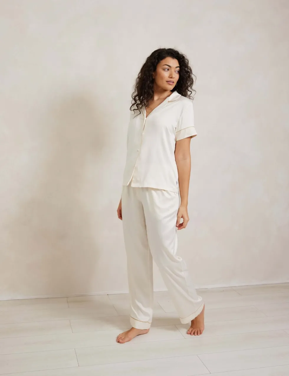 Satin Lace Trim Button Up Pyjama Set