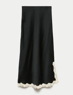 Satin Lace Trim Midi Slip Skirt