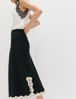 Satin Lace Trim Midi Slip Skirt