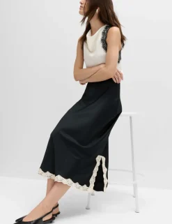 Satin Lace Trim Midi Slip Skirt