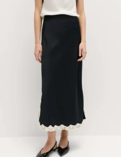 Satin Lace Trim Midi Slip Skirt