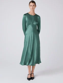 Satin Polka Dot Round Neck Midi Skater Dress