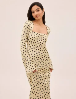 Satin Polka Dot Square Neck Bodycon Dress