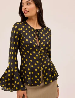 Satin Polka Dot Tie Neck Top