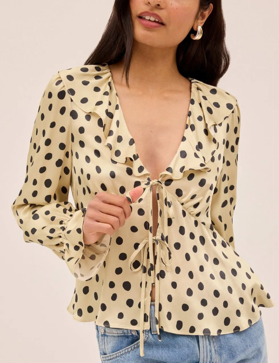 Satin Polka Dot V-Neck Tie Front Blouse