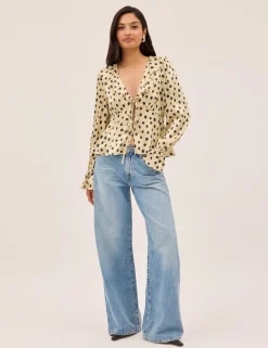 Satin Polka Dot V-Neck Tie Front Blouse