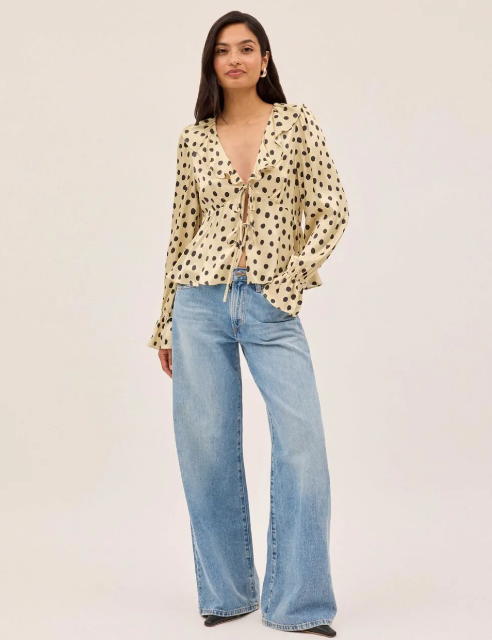 Satin Polka Dot V-Neck Tie Front Blouse
