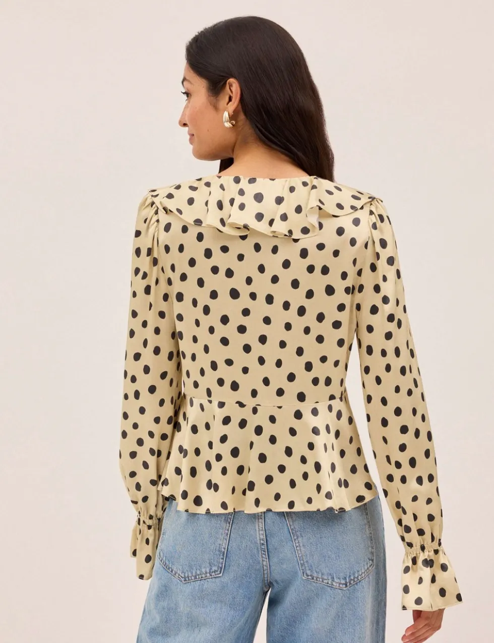 Satin Polka Dot V-Neck Tie Front Blouse