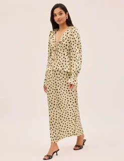 Satin Polka Dot V-Neck Tie Front Blouse