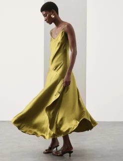 Satin Ruffle Maxi Slip Dress