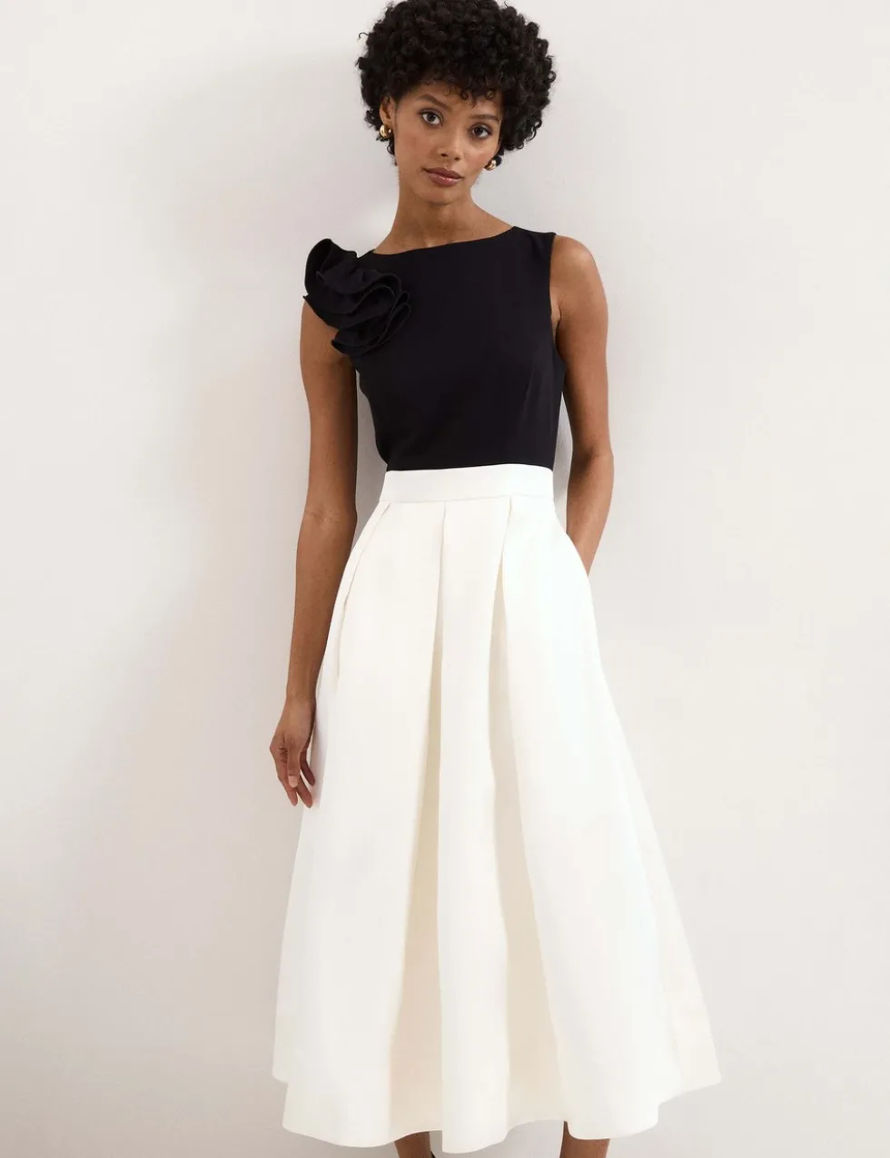Satin Ruffle Midi Skater Dress