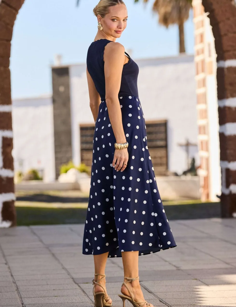 Satin Spot Print Midi A-Line Skirt