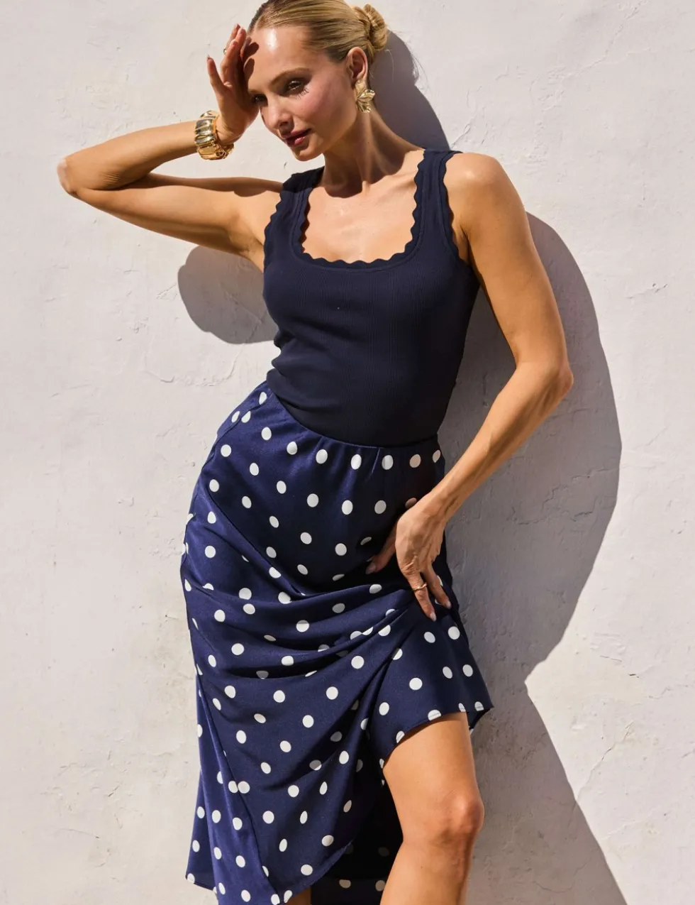 Satin Spot Print Midi A-Line Skirt