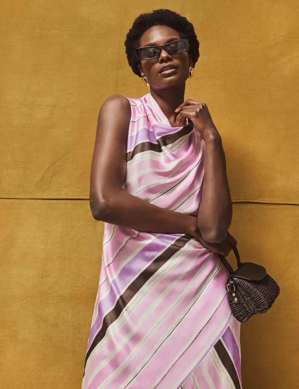 Satin Striped Cowl Neck Maxi Dress
