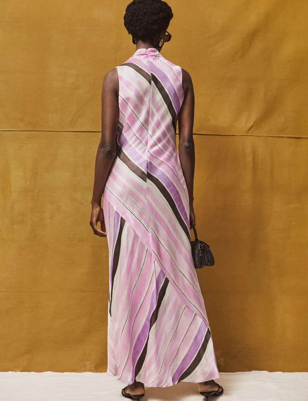 Satin Striped Cowl Neck Maxi Dress