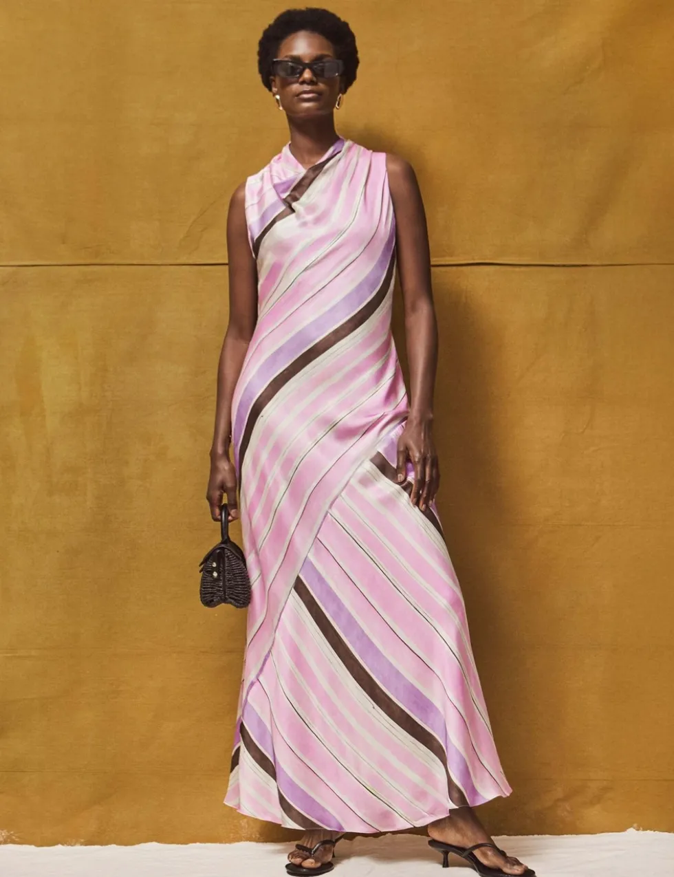 Satin Striped Cowl Neck Maxi Dress