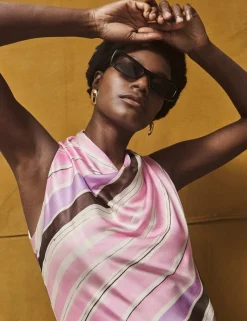 Satin Striped Cowl Neck Maxi Dress