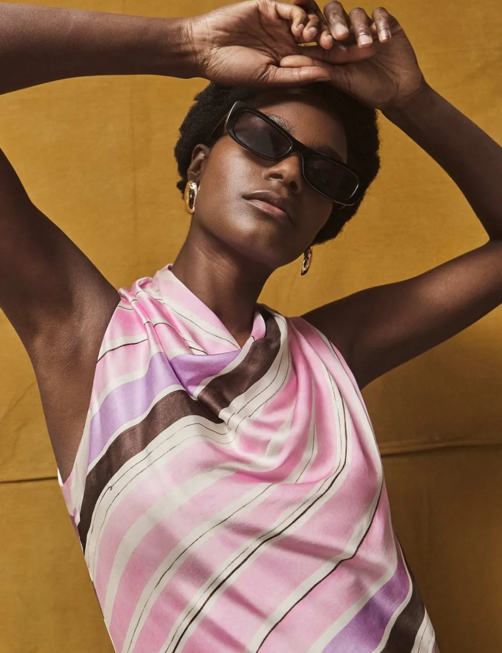 Satin Striped Cowl Neck Maxi Dress