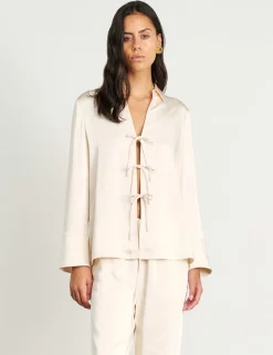 Satin Tie Front Collared Shirt