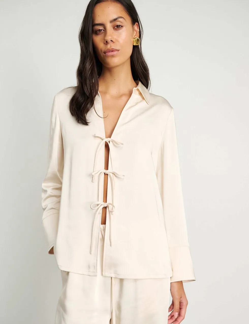 Satin Tie Front Collared Shirt