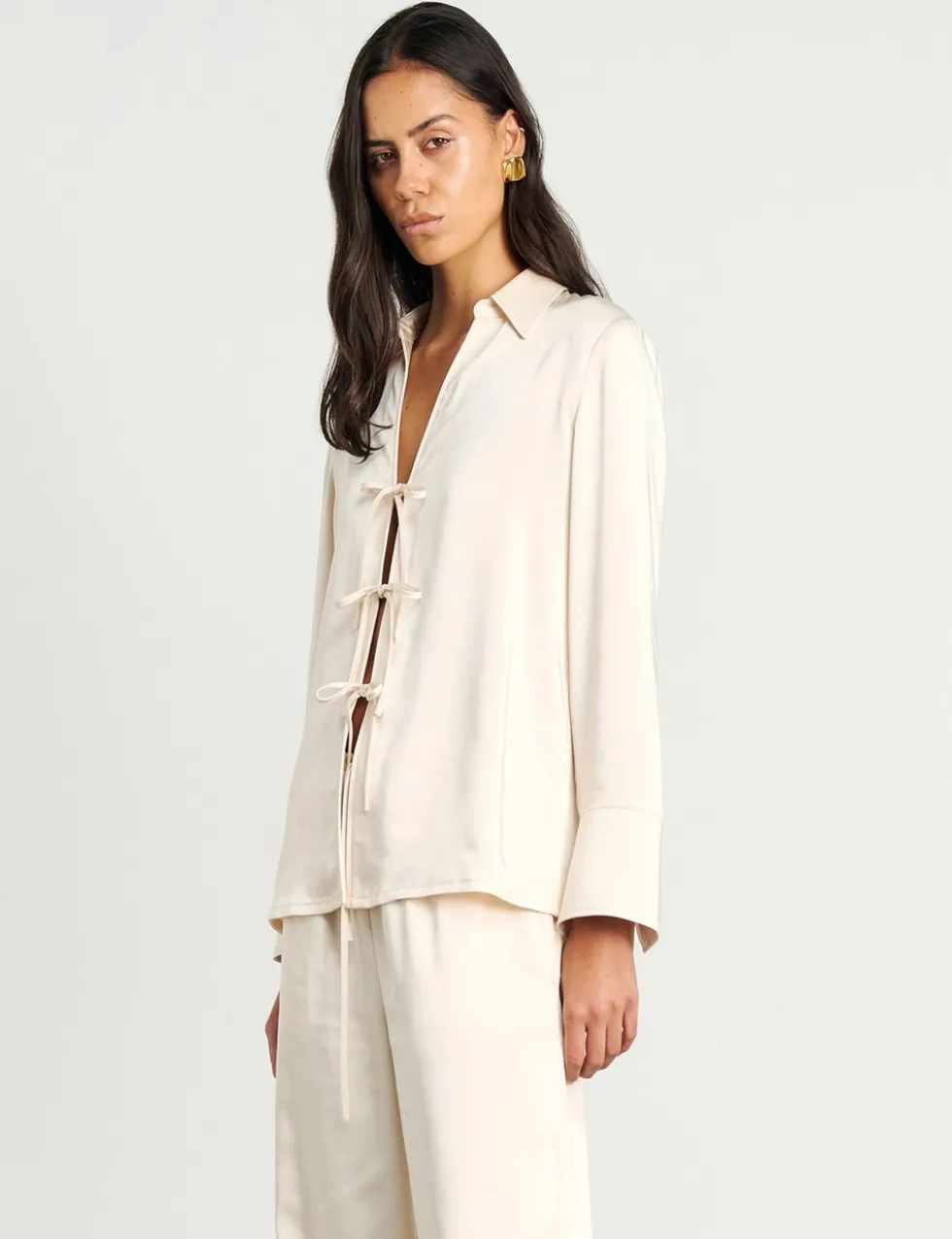 Satin Tie Front Collared Shirt