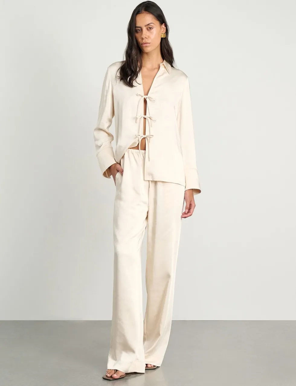 Satin Tie Front Collared Shirt