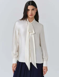 Satin Tie Neck Button Through Blouson Sleeve Blouse