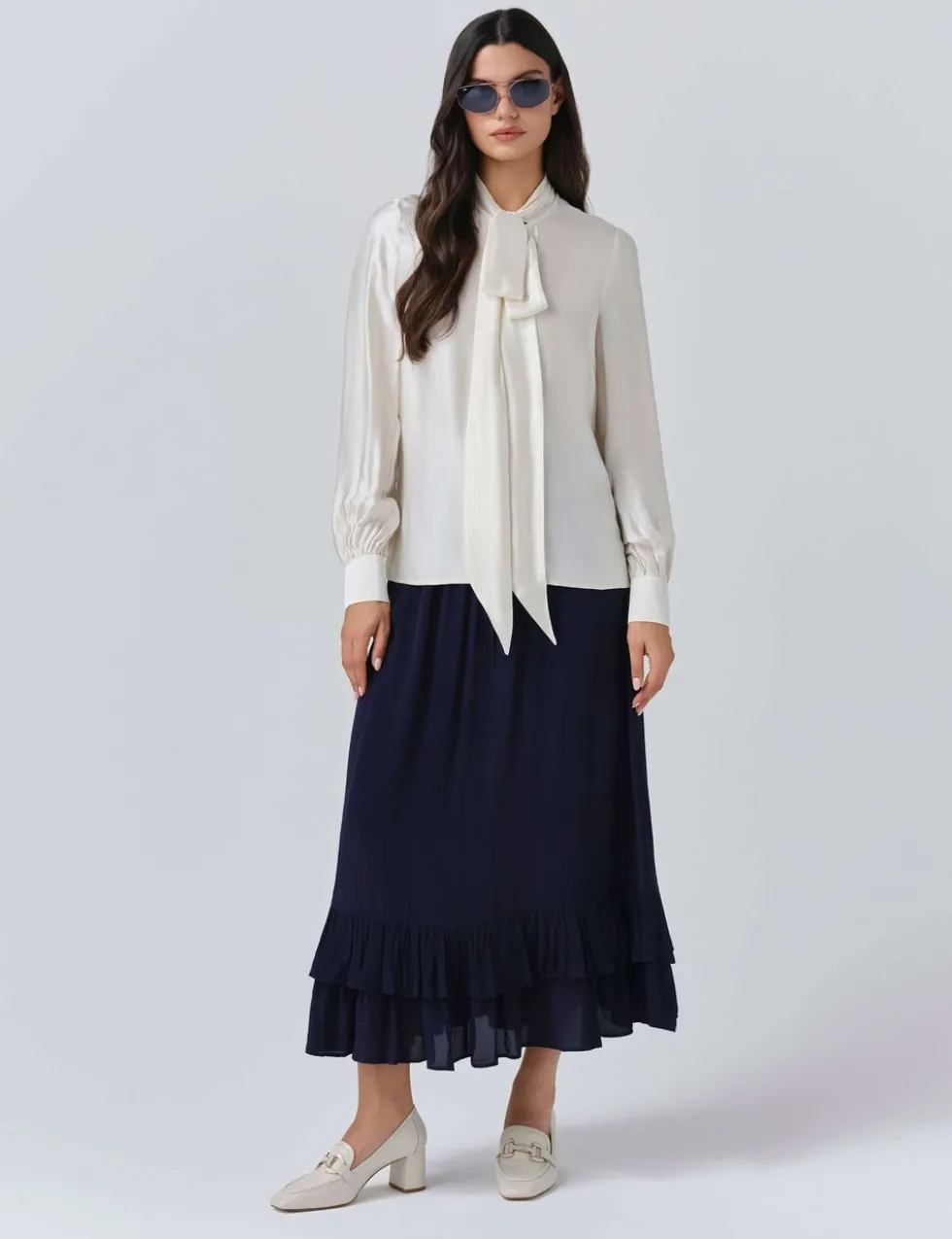 Satin Tie Neck Button Through Blouson Sleeve Blouse
