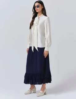 Satin Tie Neck Button Through Blouson Sleeve Blouse