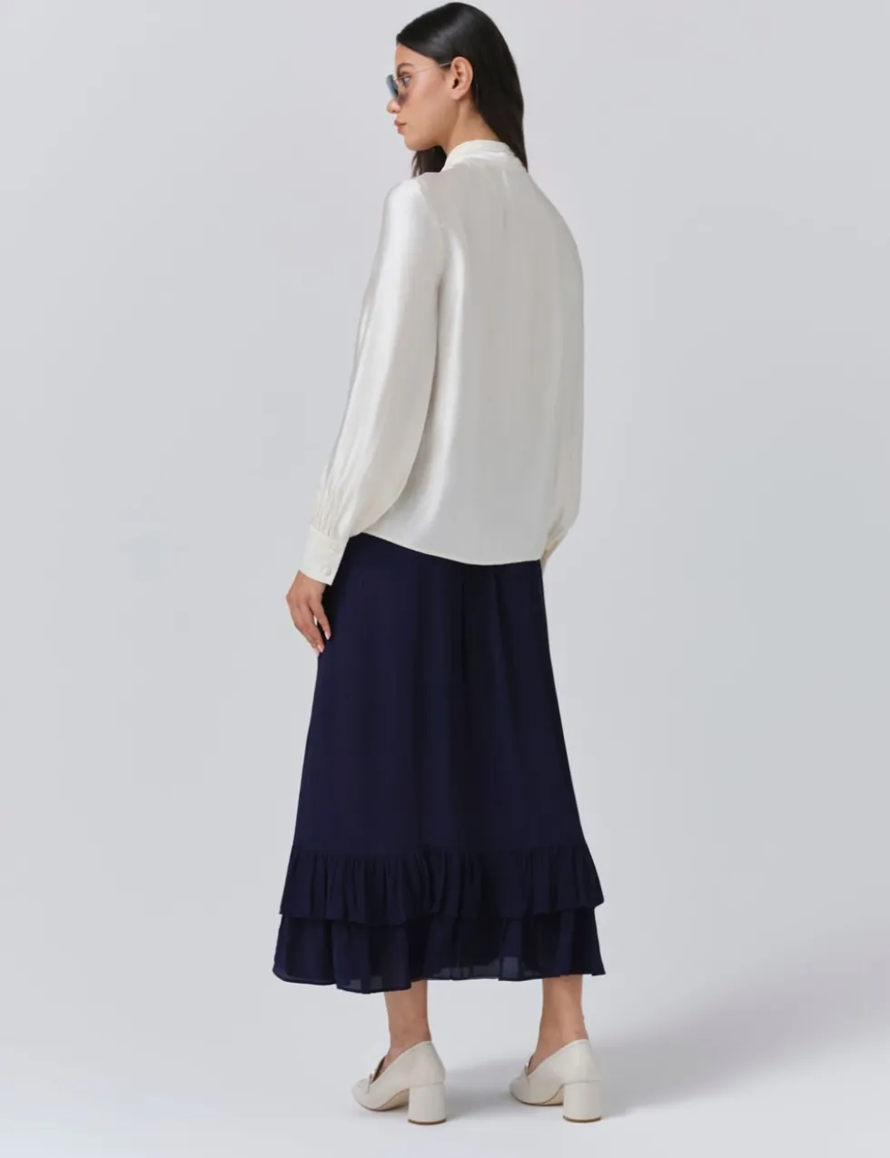 Satin Tie Neck Button Through Blouson Sleeve Blouse