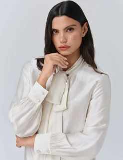 Satin Tie Neck Button Through Blouson Sleeve Blouse