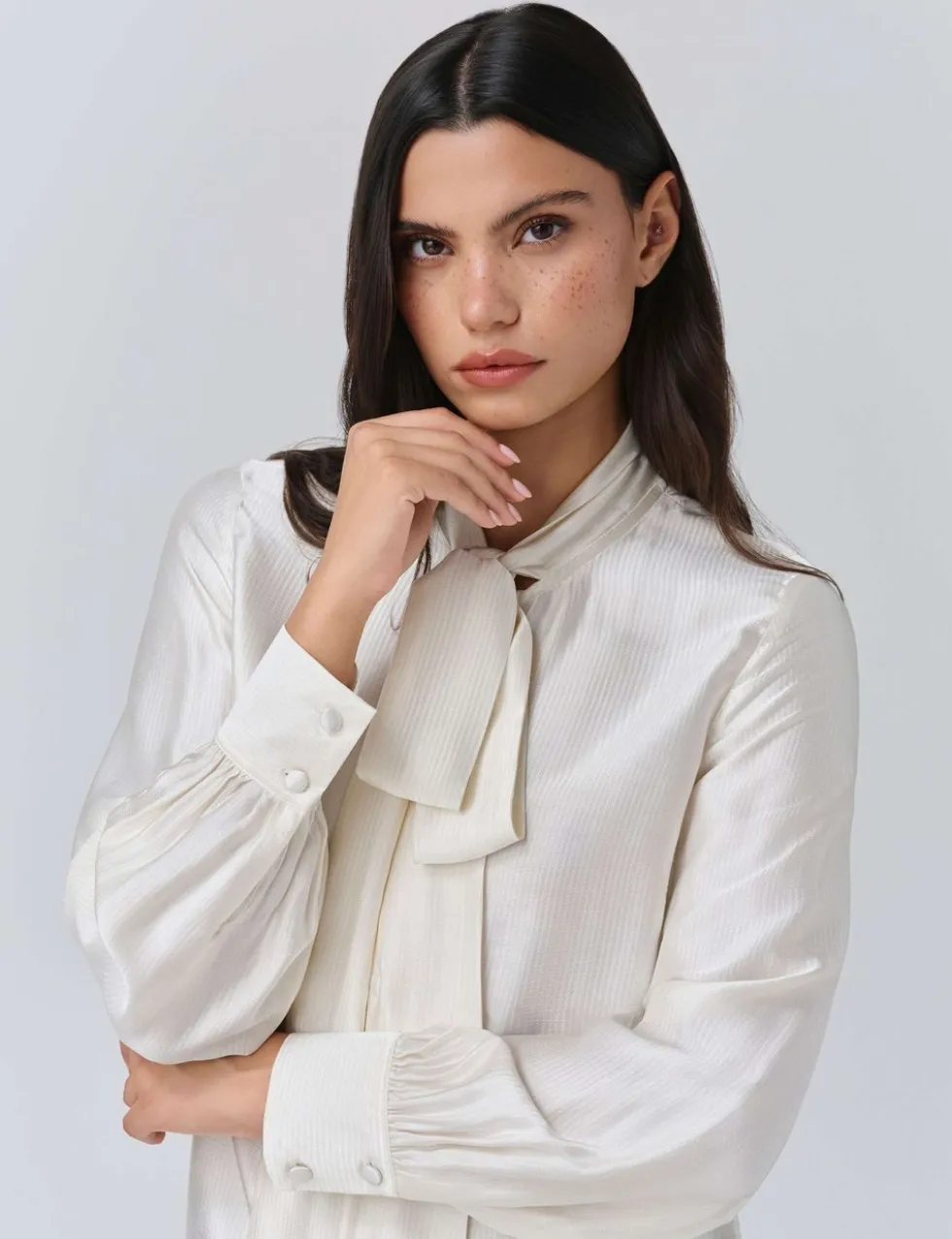 Satin Tie Neck Button Through Blouson Sleeve Blouse