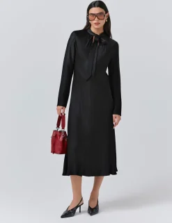 Satin Tie Neck Midi Skater Dress